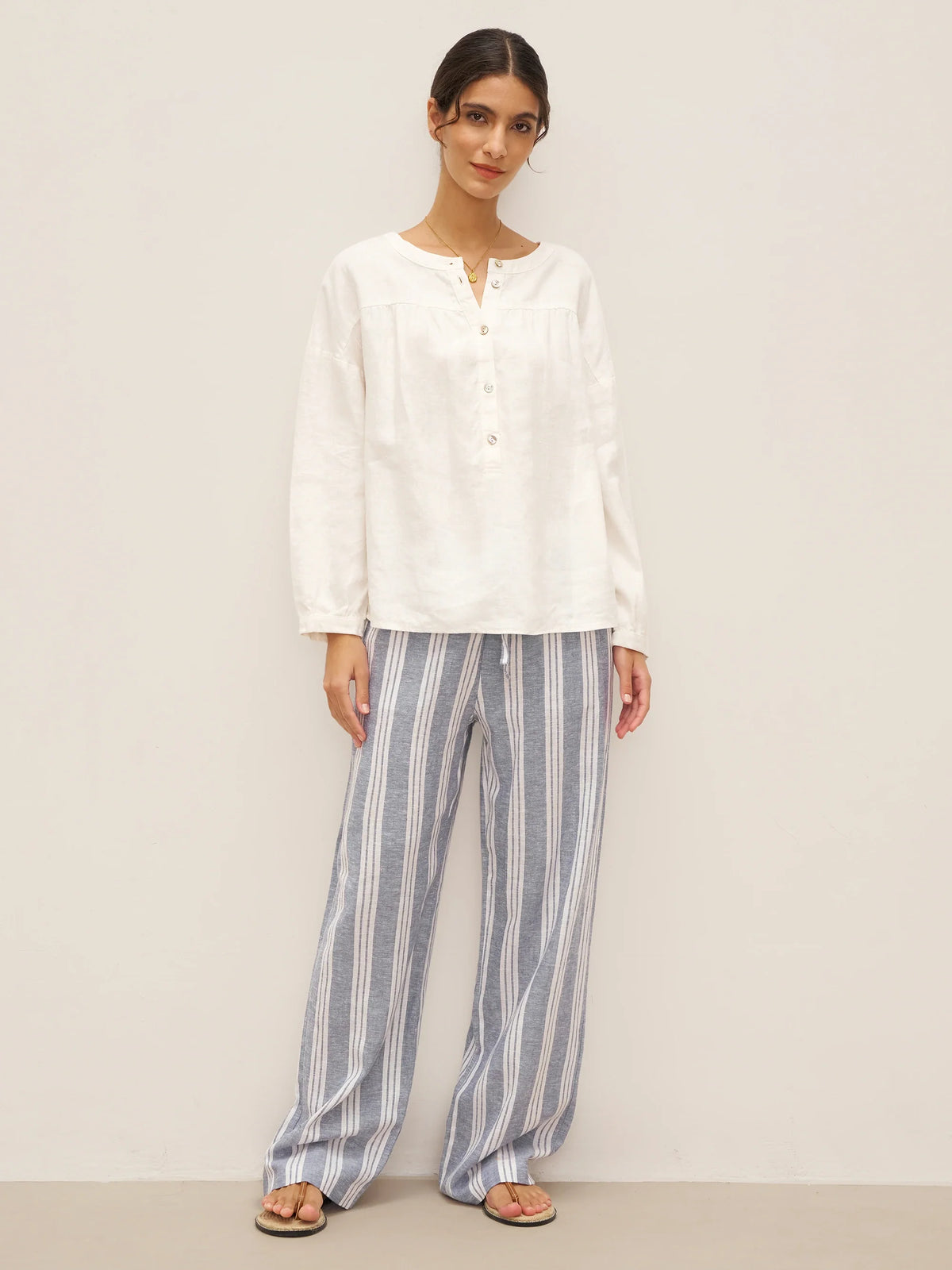 100% Linen Round Neck Button-Front Top JOYCE - TOPS-Linen Blouses