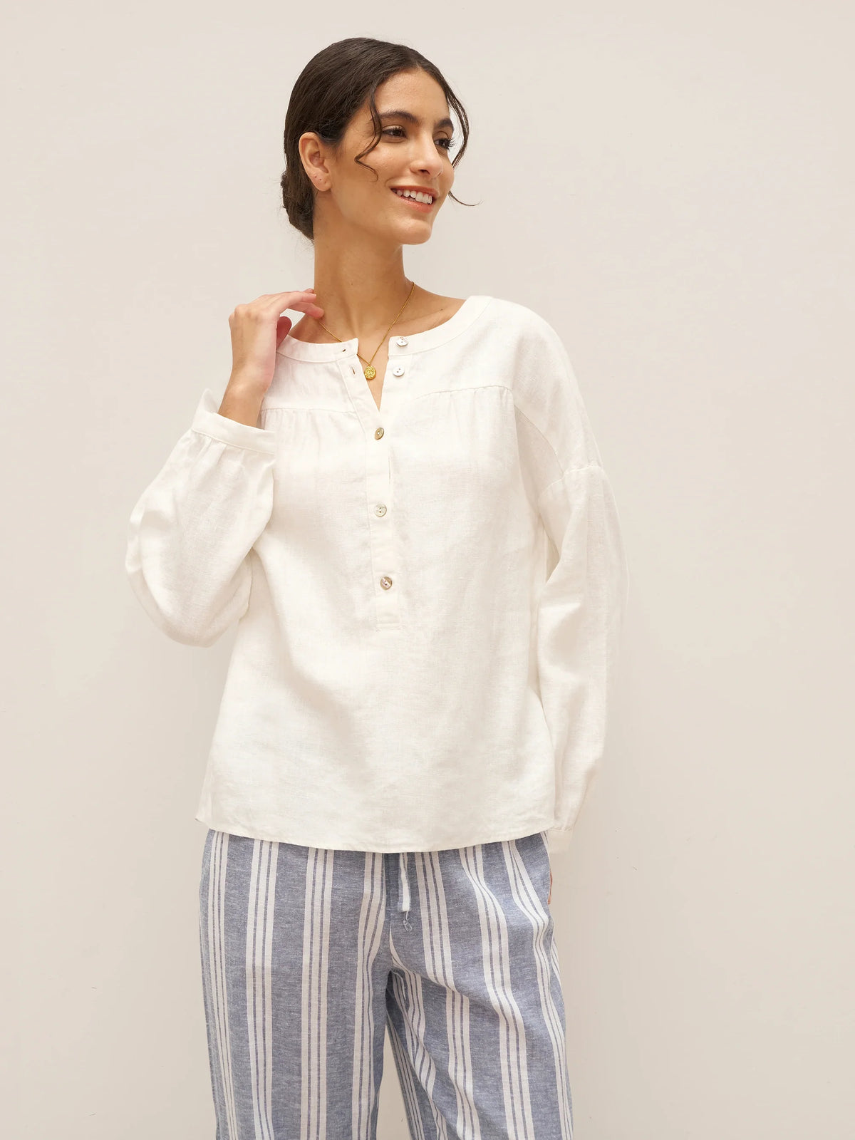 100% Linen Round Neck Button-Front Top JOYCE - Optic White / S - TOPS-Linen Blouses
