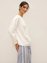 100% Linen Round Neck Button-Front Top JOYCE - TOPS-Linen Blouses