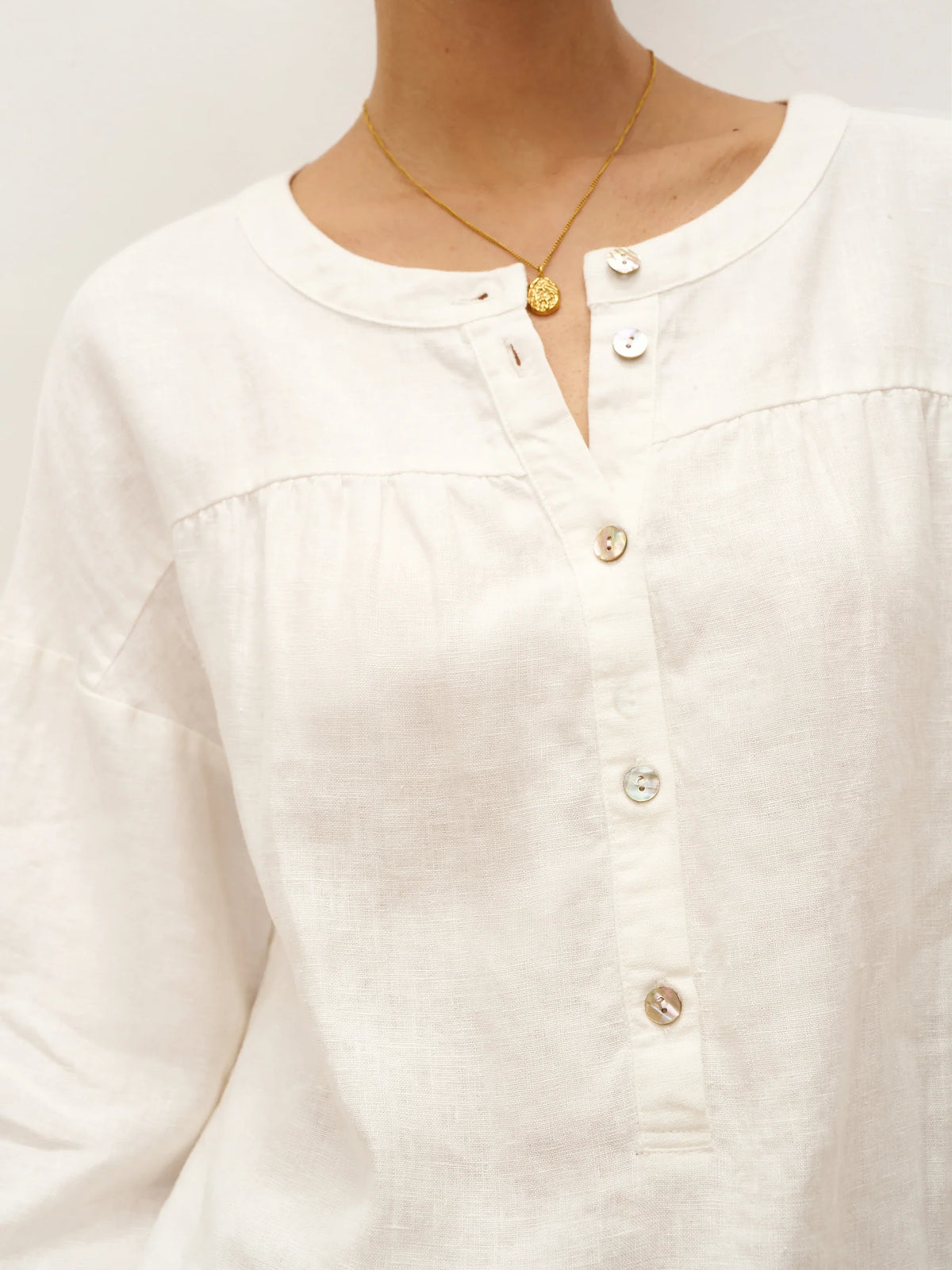 100% Linen Round Neck Button-Front Top JOYCE - TOPS-Linen Blouses
