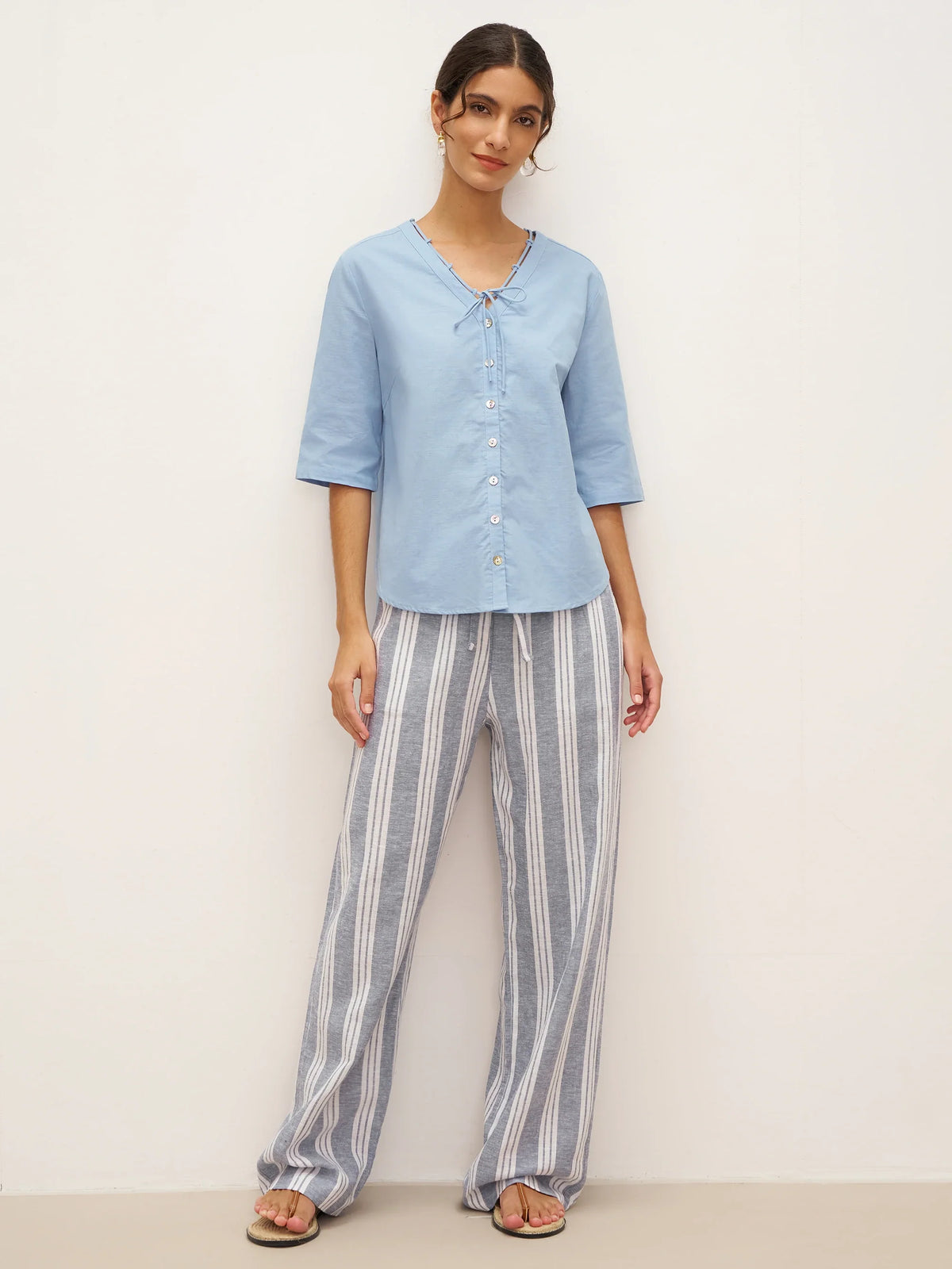 Linen Ladder Tie Simple Shirt - TOPS-Linen Blouses