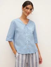 Linen Ladder Tie Simple Shirt - Powder Blue / S - TOPS-Linen Blouses