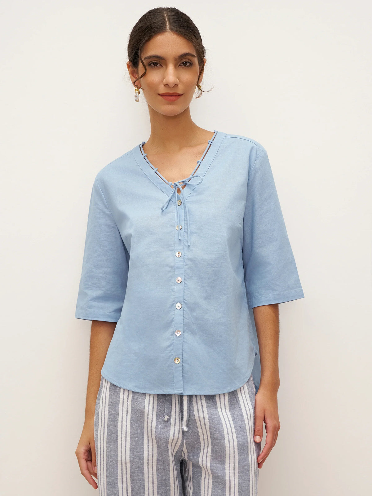 Linen Ladder Tie Simple Shirt - TOPS-Linen Blouses