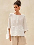 100% Linen Round Neck Mid-Sleeve Top ROBYN - Optic White / S - TOPS-Linen Blouses