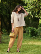 100% Linen Cuffed Ankle-Length Elastic Waist Pants DANIKA - BOTTOMS-Linen