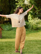 100% Linen Cuffed Ankle-Length Elastic Waist Pants DANIKA - BOTTOMS-Linen