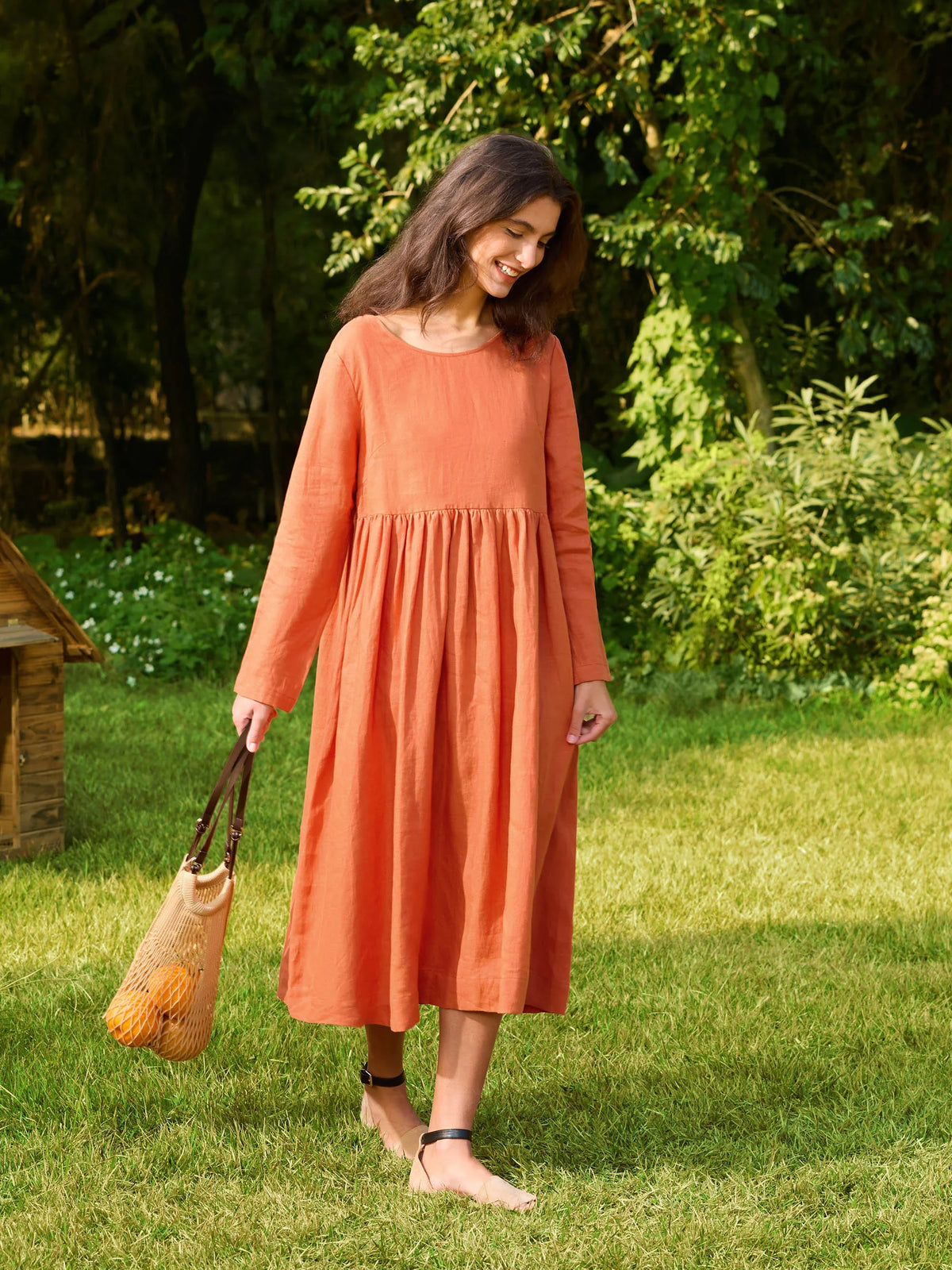 100% Linen Long Sleeve Waist-Ruffle Smock Midi Dress DANY - DRESSES-Linen