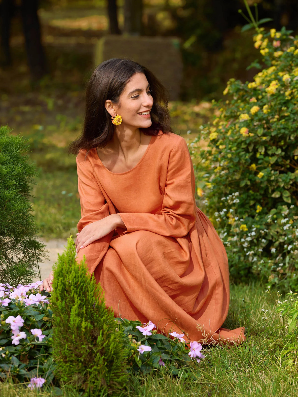 100% Linen Long Sleeve Waist-Ruffle Smock Midi Dress DANY - DRESSES-Linen