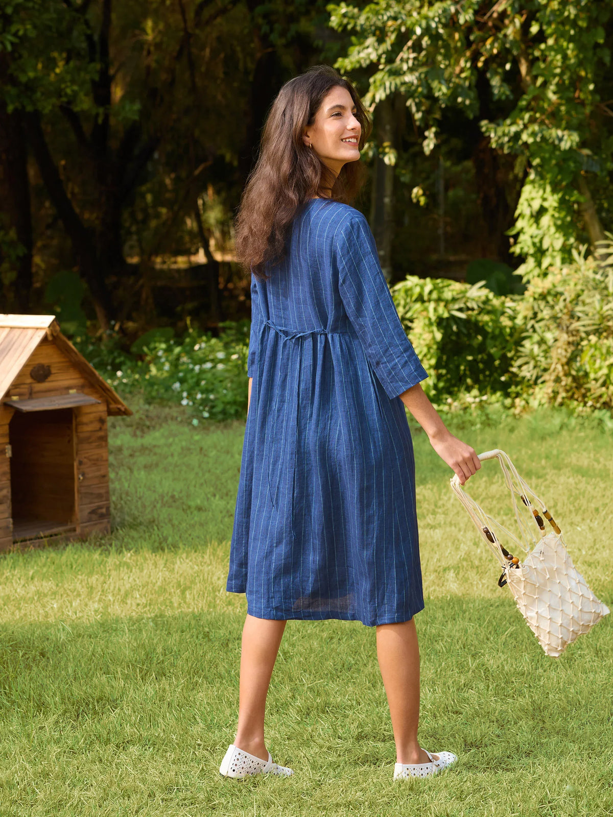 100% Linen Striped A-Line Midi Dress with Belt JULIET - DRESSES-Linen
