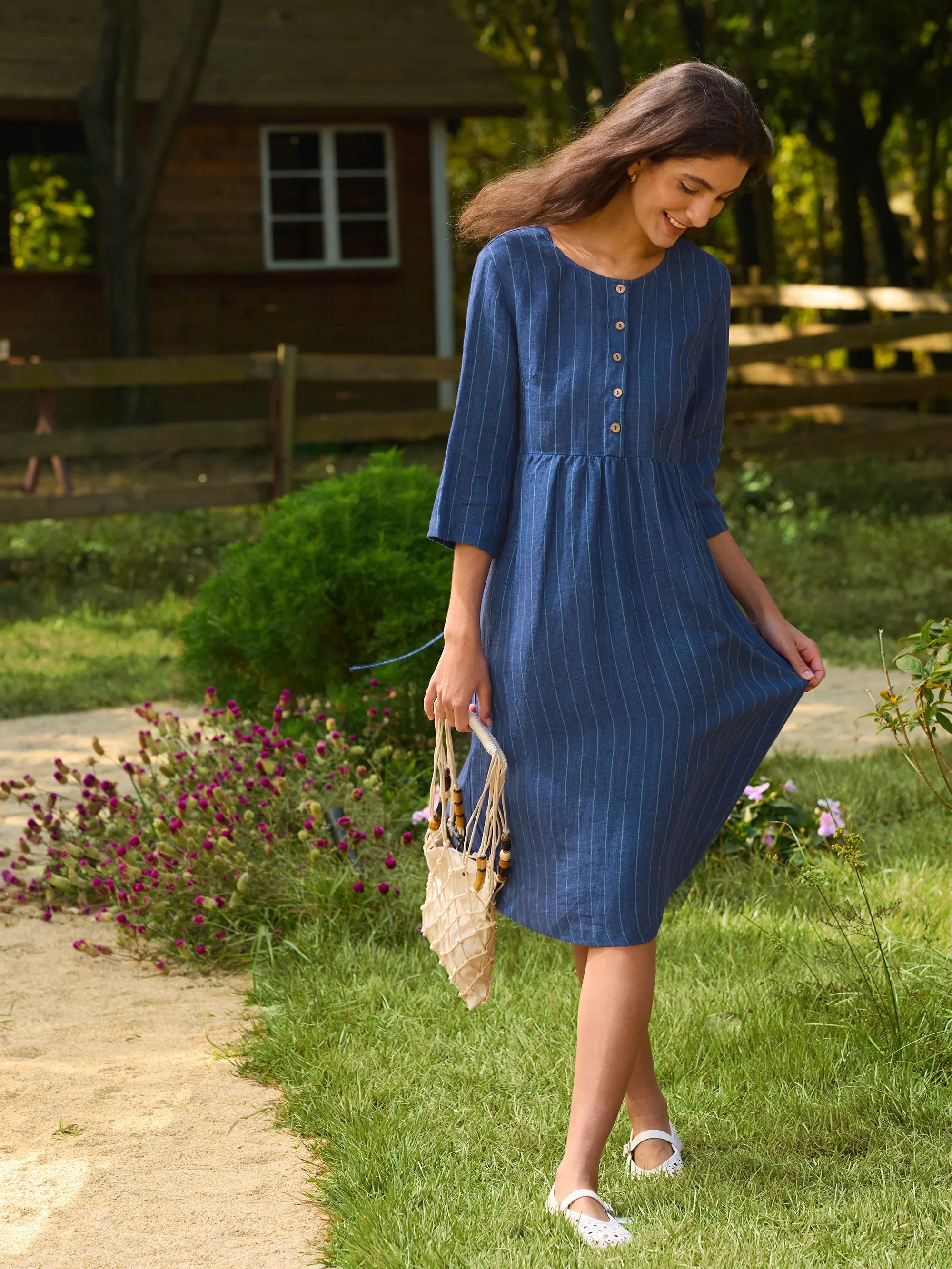 100% Linen Striped A-Line Midi Dress with Belt JULIET - DRESSES-Linen