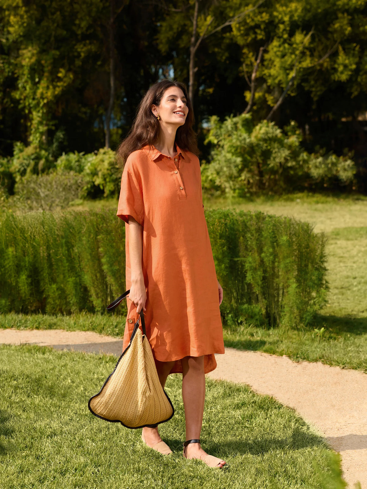 100% Linen Short Sleeve Button-Deco Shirt Dress DORIS - DRESSES-Linen Midi