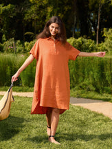 100% Linen Short Sleeve Button-Deco Shirt Dress DORIS - DRESSES-Linen Midi