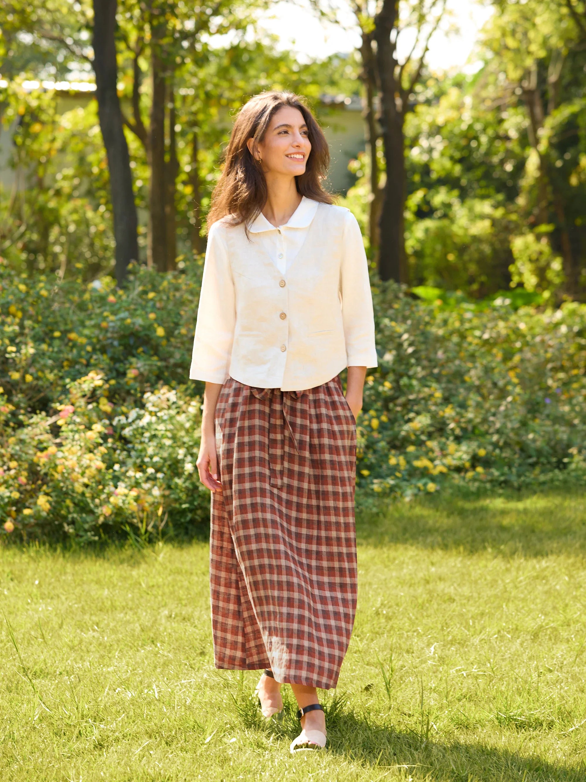 100% Linen A-Line Tie-Waist Checked Skirt DANIELE - BOTTOMS-Linen Skirts