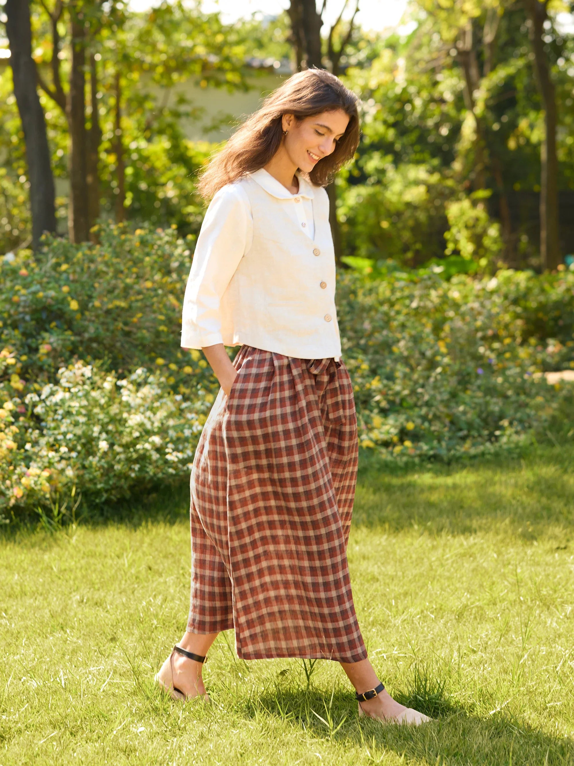 100% Linen A-Line Tie-Waist Checked Skirt DANIELE - BOTTOMS-Linen Skirts