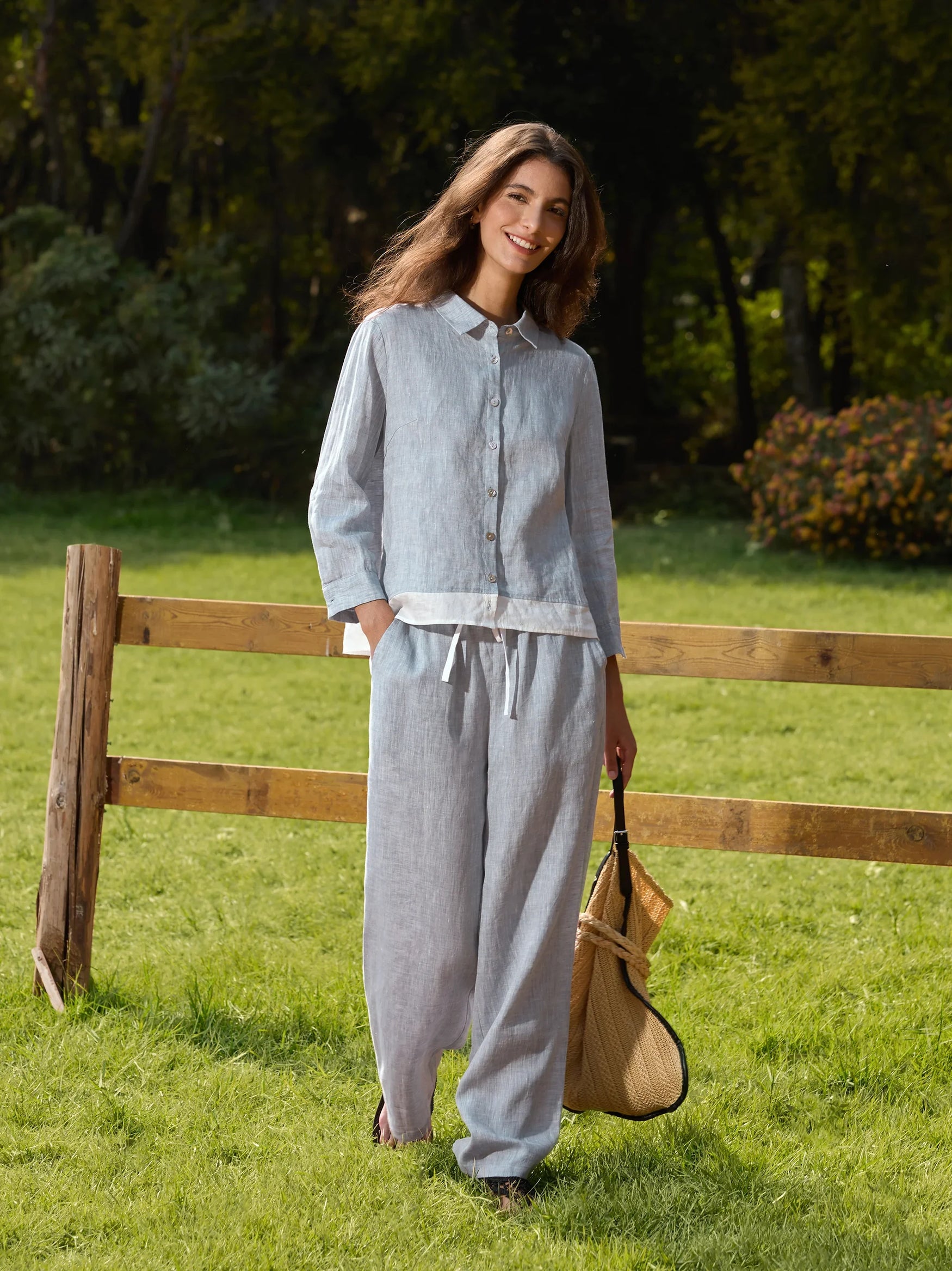 100% Linen Buttoned Closure Color-Blocked Shirt JANICE - TOPS-Linen Blouses