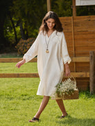 100% Linen Oversized Pullover Shirt Dress JOVITA - DRESSES-Linen Midi