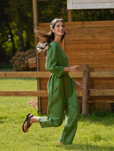 100% Linen Deep V-Neck Oversized Button-Front Jumpsuit LINDEN-with Belt - sets & jumpsuits