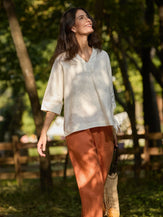 100% Linen V-Neck Oversized Pullover DANEE - TOPS-Linen Blouses