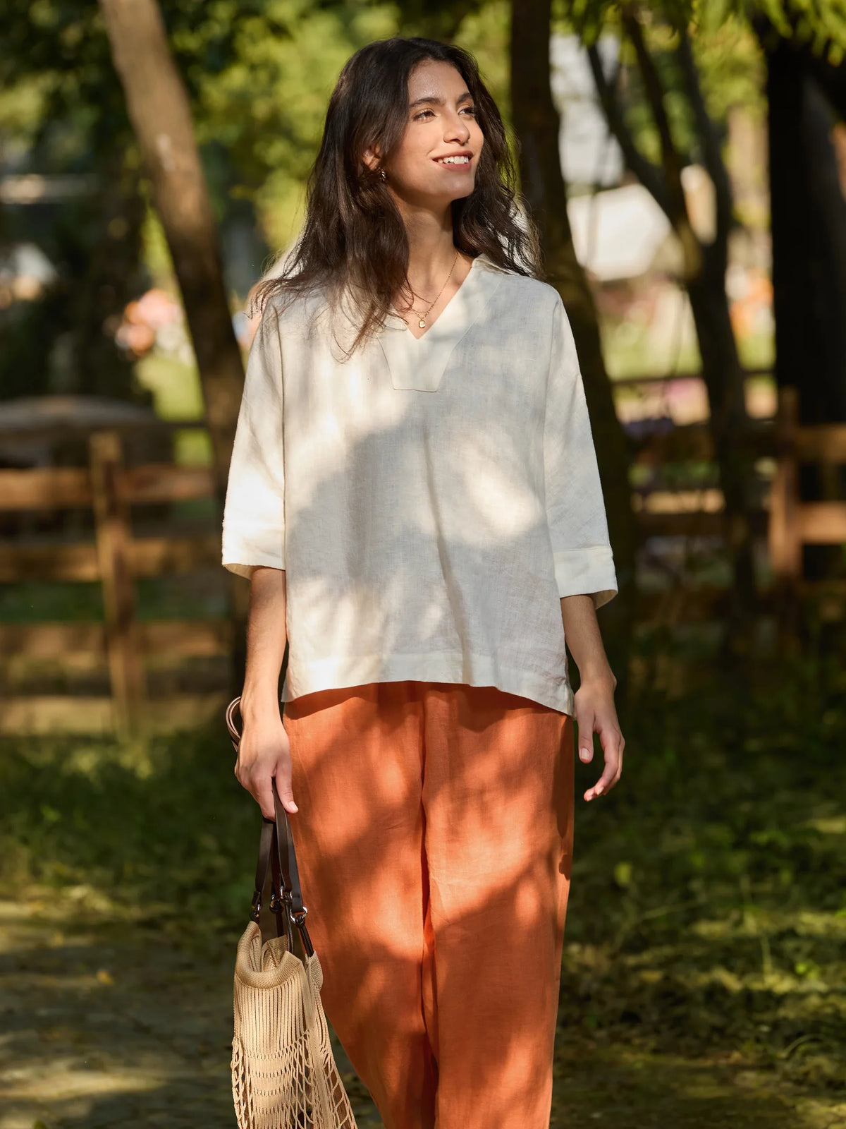 100% Linen V-Neck Oversized Pullover DANEE - TOPS-Linen Blouses