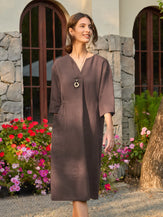 100% Linen Bell Pocket Midi Dress EVELINA - DRESSES-Linen