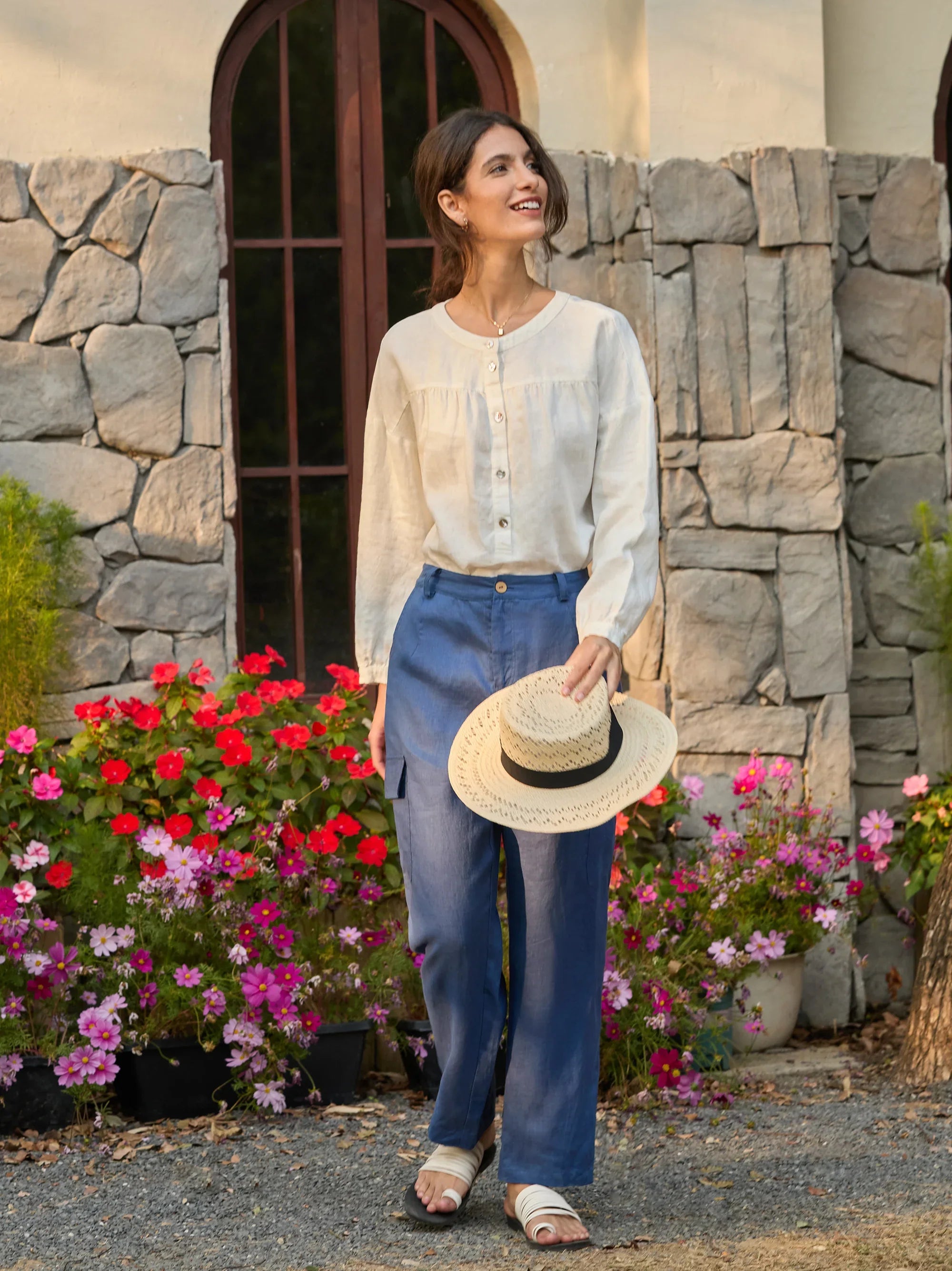 100% Linen Round Neck Button-Front Top JOYCE - TOPS-Linen Blouses