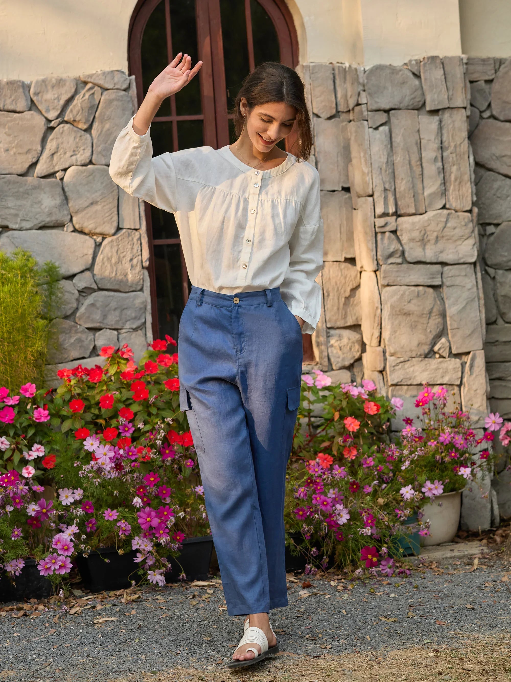 100% Linen Cargo Tapered Trousers with Patch Pockets JESSE - BOTTOMS-Linen Pants