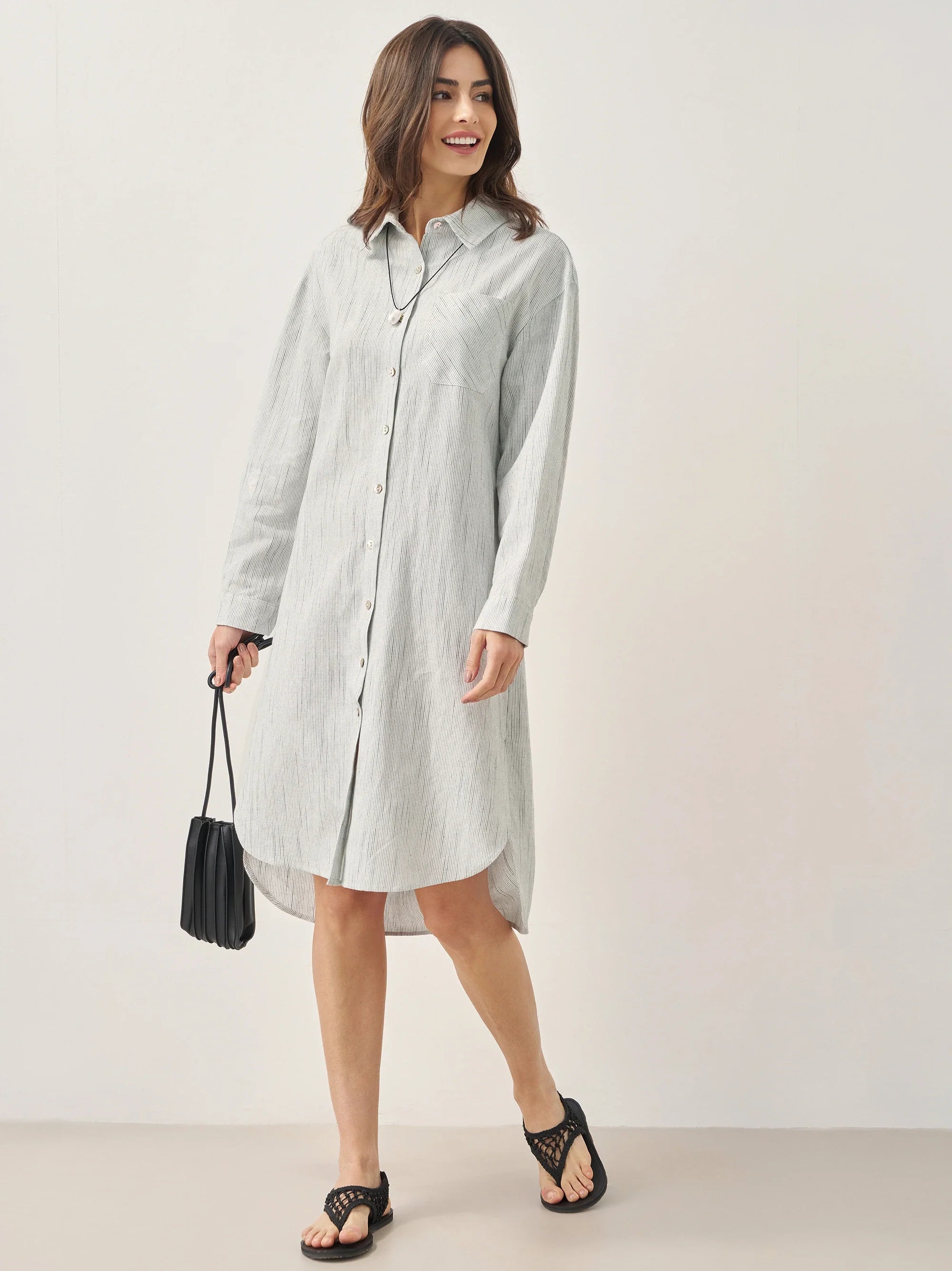 Linen Button-Front Artistic Stripe Shirt Dress JULIA - DRESSES-Linen Midi