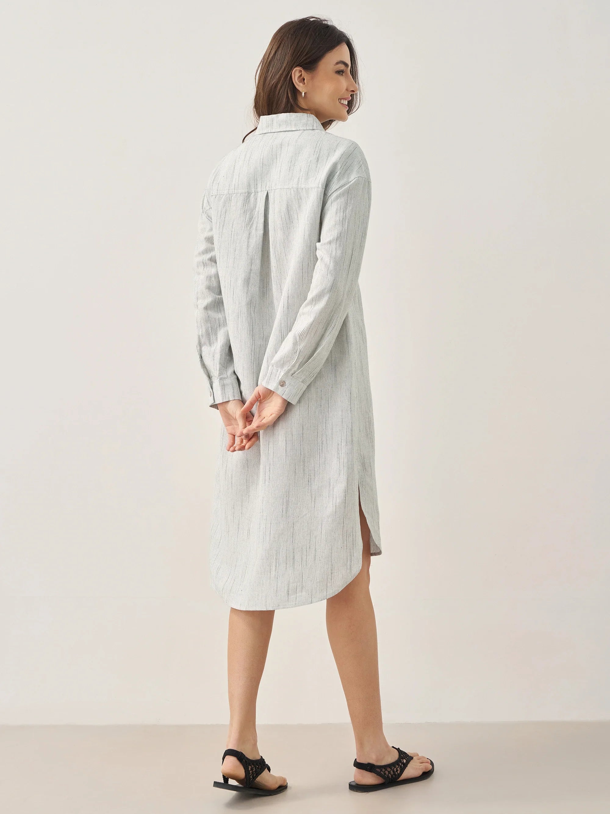 Linen Button-Front Artistic Stripe Shirt Dress JULIA - DRESSES-Linen Midi