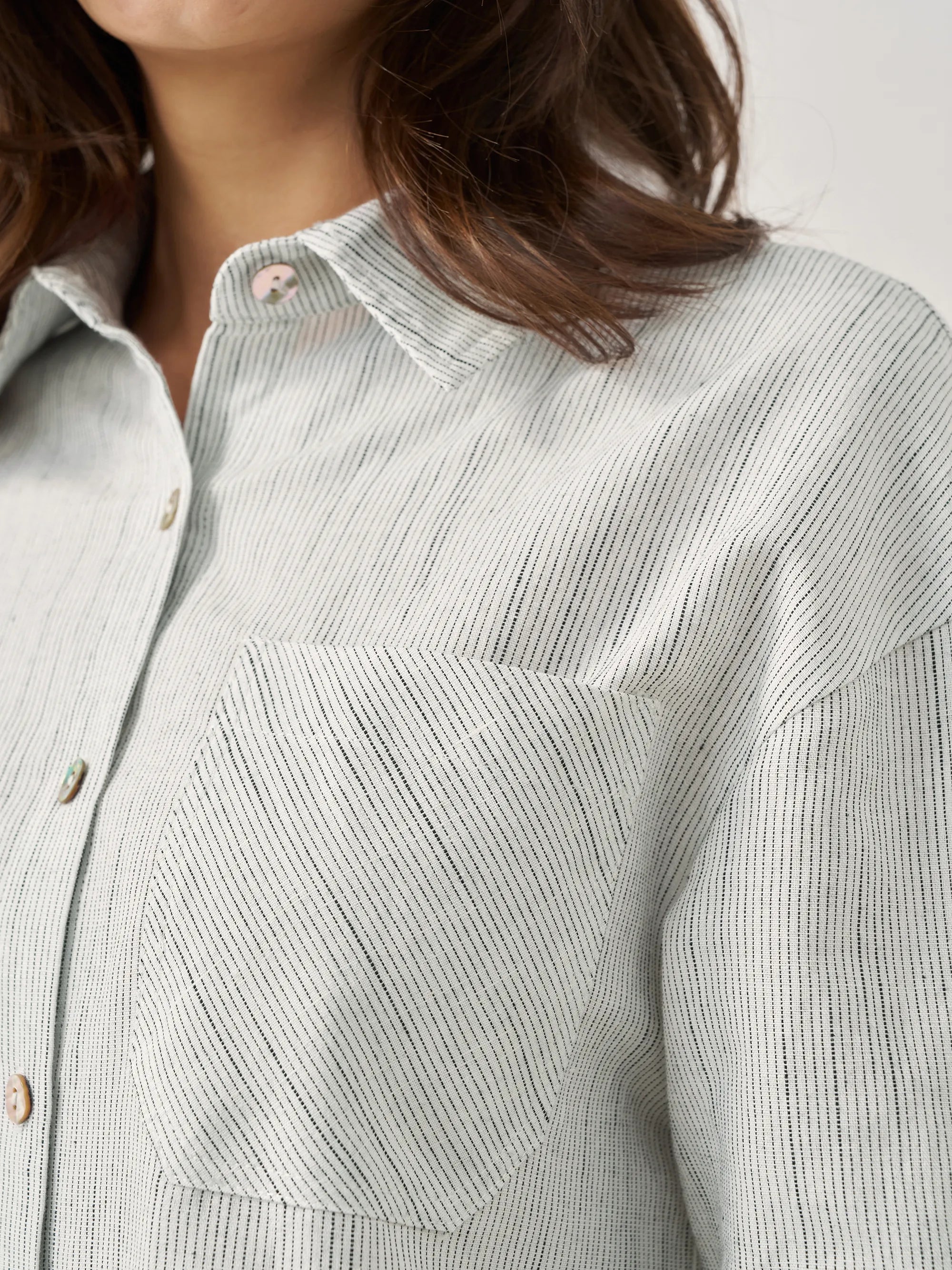 Linen Button-Front Artistic Stripe Shirt Dress JULIA - DRESSES-Linen Midi