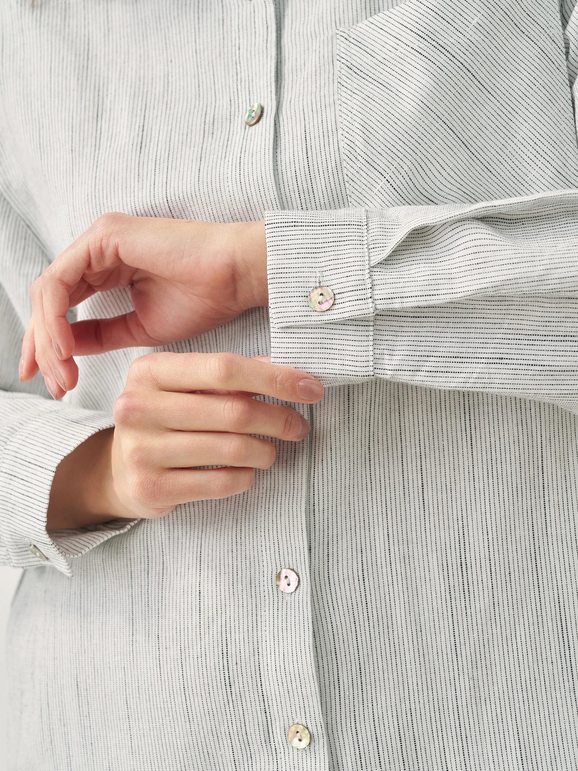 Linen Button-Front Artistic Stripe Shirt Dress JULIA - DRESSES-Linen Midi