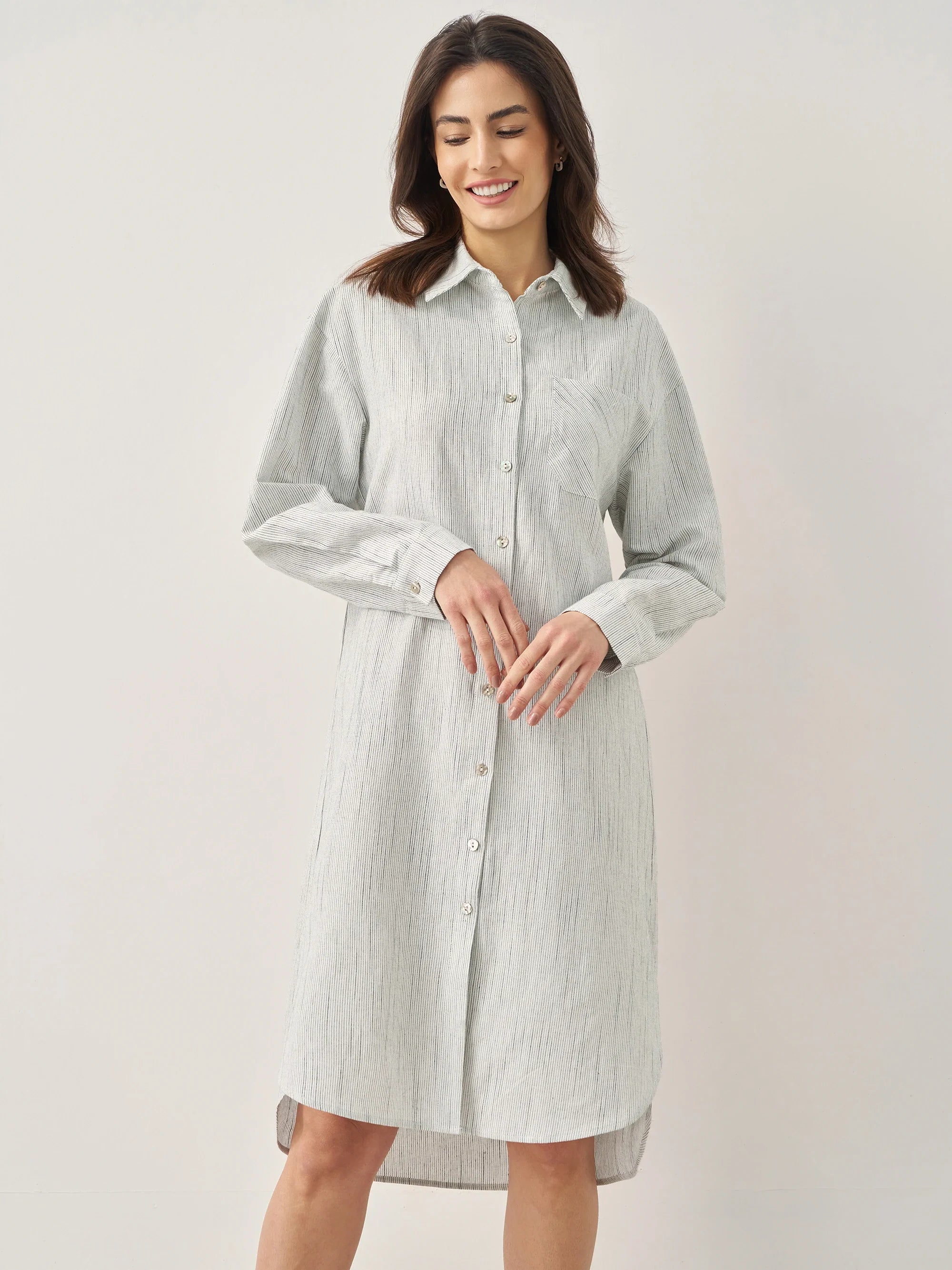 Linen Button-Front Artistic Stripe Shirt Dress JULIA - DRESSES-Linen Midi
