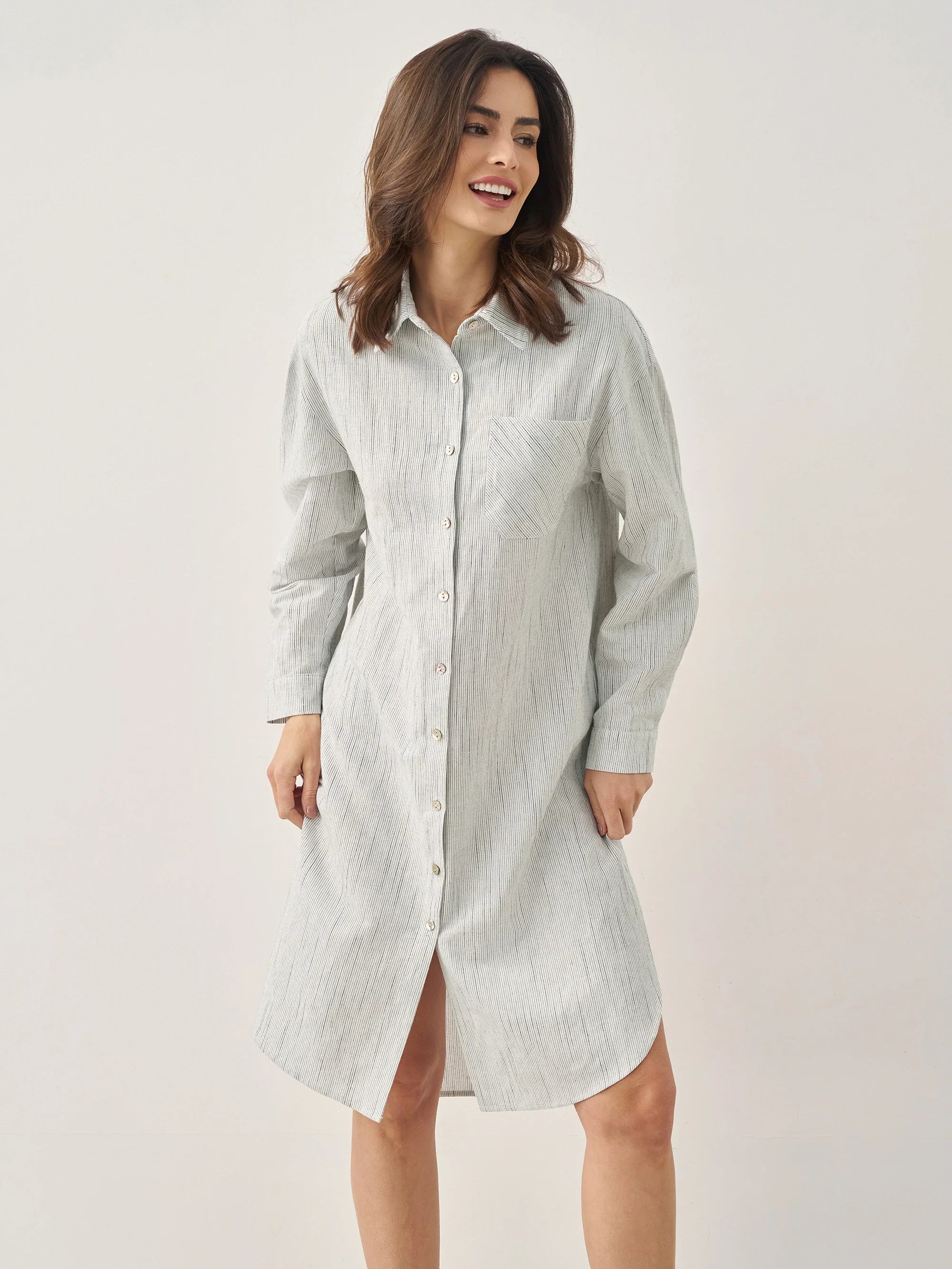 Linen Button-Front Artistic Stripe Shirt Dress JULIA - DRESSES-Linen Midi