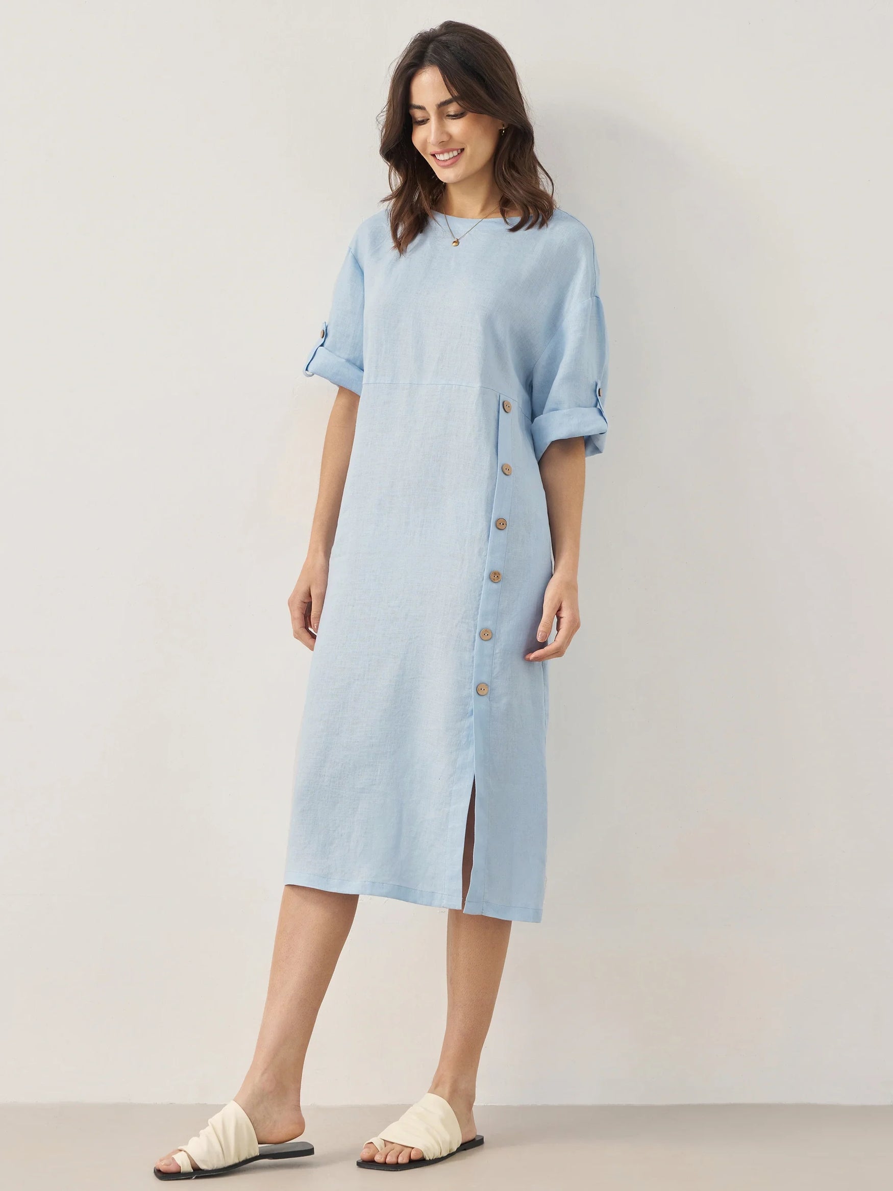100% Linen Round Neck Button Detail Midi Dress JELENA - DRESSES-Linen