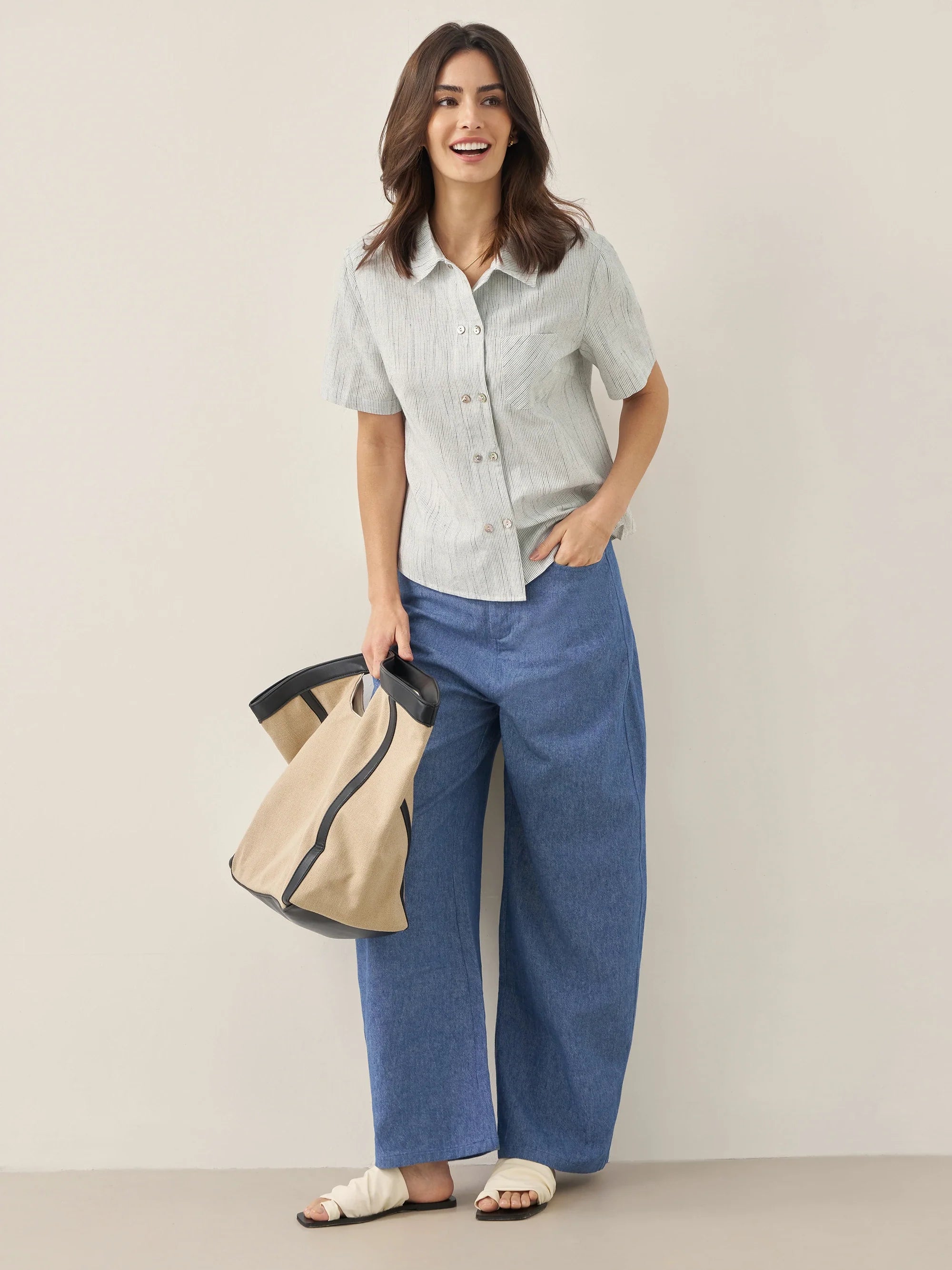 Linen Double-Breasted Artistic Stripe Shirt JUNO - TOPS-Linen Button Down Shirts