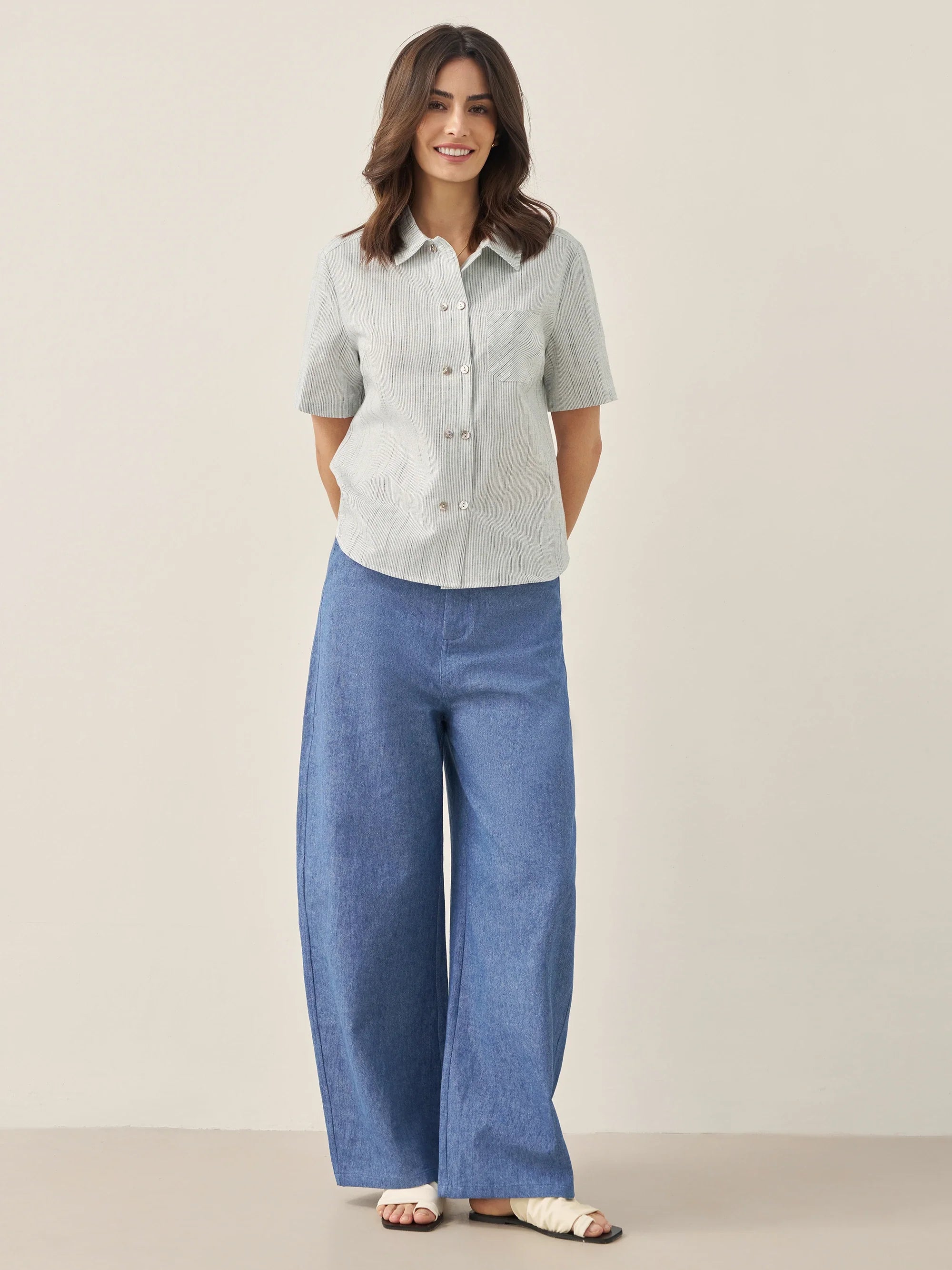 Linen Double-Breasted Artistic Stripe Shirt JUNO - TOPS-Linen Button Down Shirts