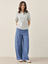 Linen Double-Breasted Artistic Stripe Shirt JUNO - TOPS-Linen Button Down Shirts