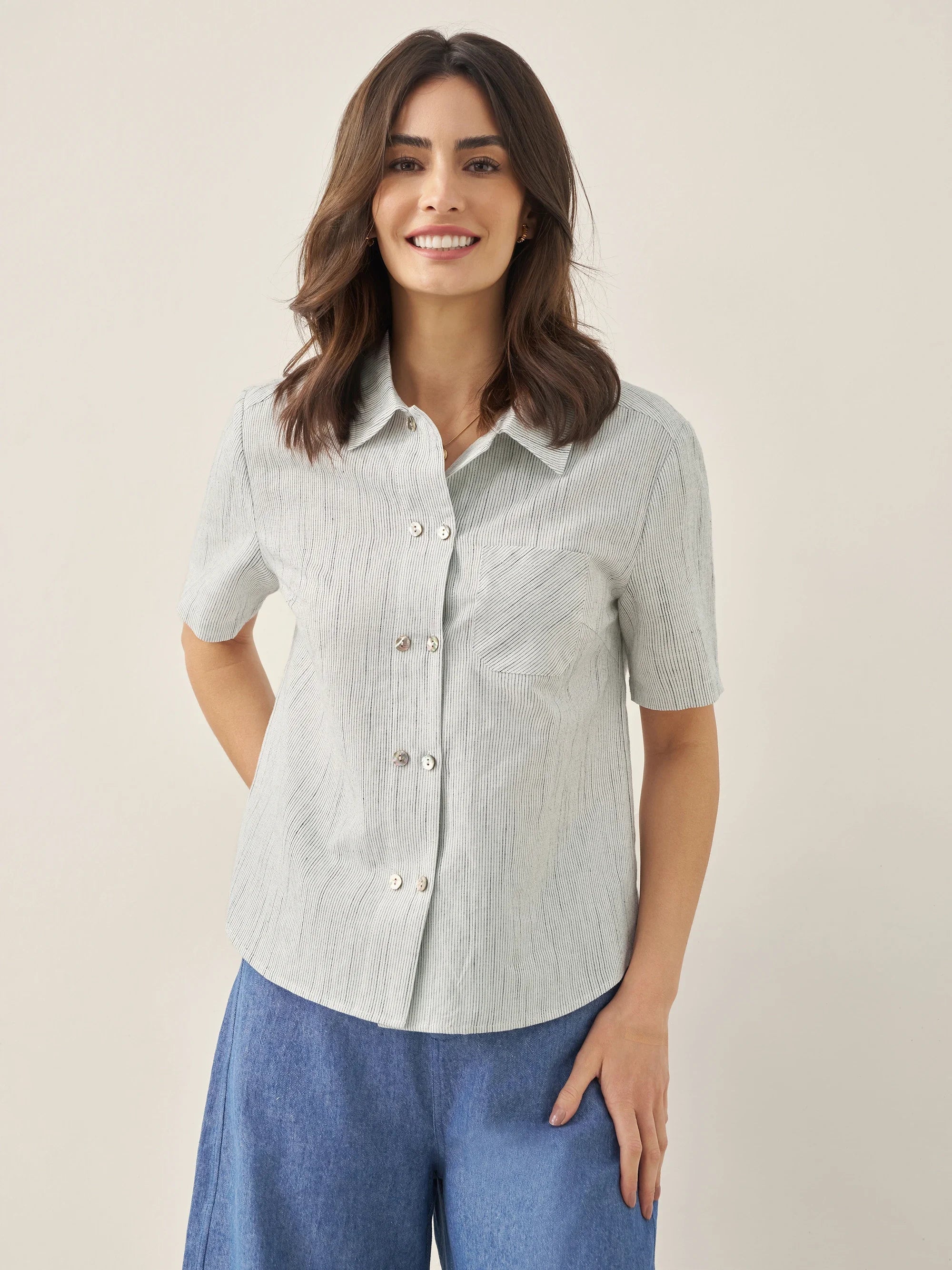 Linen Double-Breasted Artistic Stripe Shirt JUNO - TOPS-Linen Button Down Shirts