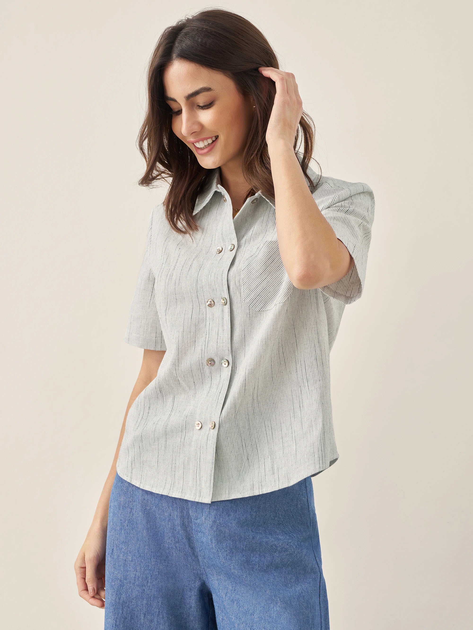 Linen Double-Breasted Artistic Stripe Shirt JUNO - Indigo / S - TOPS-Linen Button Down Shirts