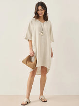 100% Linen Gingham V-Neck Oversized Midi Dress LORIN - DRESSES-Linen