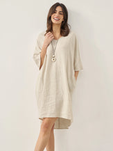 100% Linen Gingham V-Neck Oversized Midi Dress LORIN - Beige Check / S - DRESSES-Linen