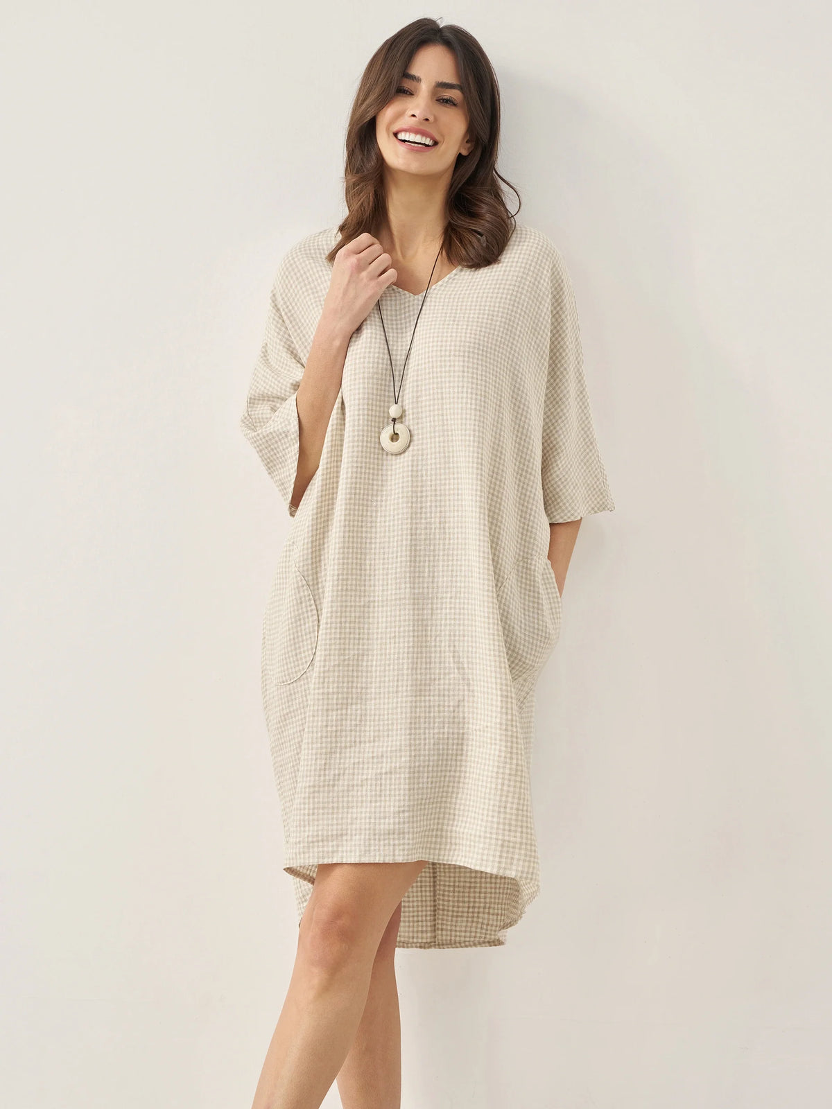 100% Linen Gingham V-Neck Oversized Midi Dress LORIN - Beige Check / S - DRESSES-Linen