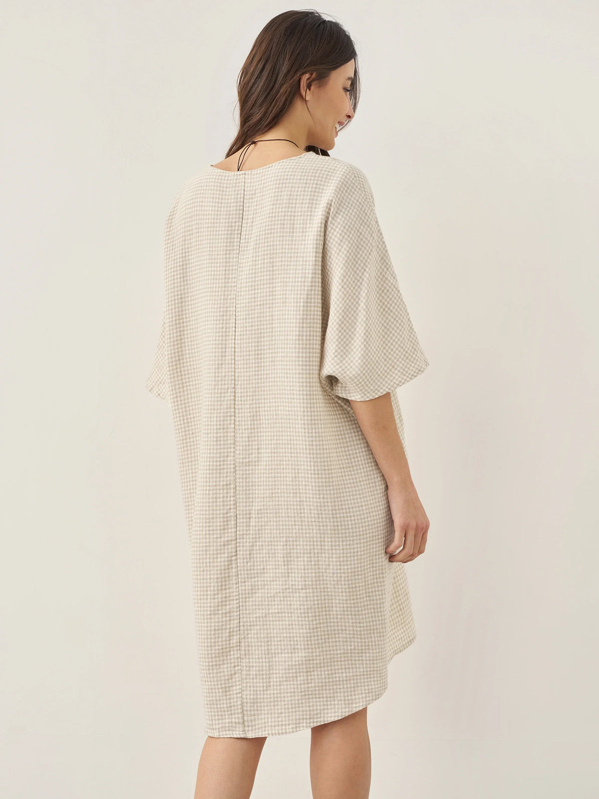 100% Linen Gingham V-Neck Oversized Midi Dress LORIN - DRESSES-Linen