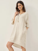 100% Linen Gingham V-Neck Oversized Midi Dress LORIN - DRESSES-Linen