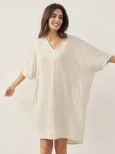100% Linen Gingham V-Neck Oversized Midi Dress LORIN - DRESSES-Linen