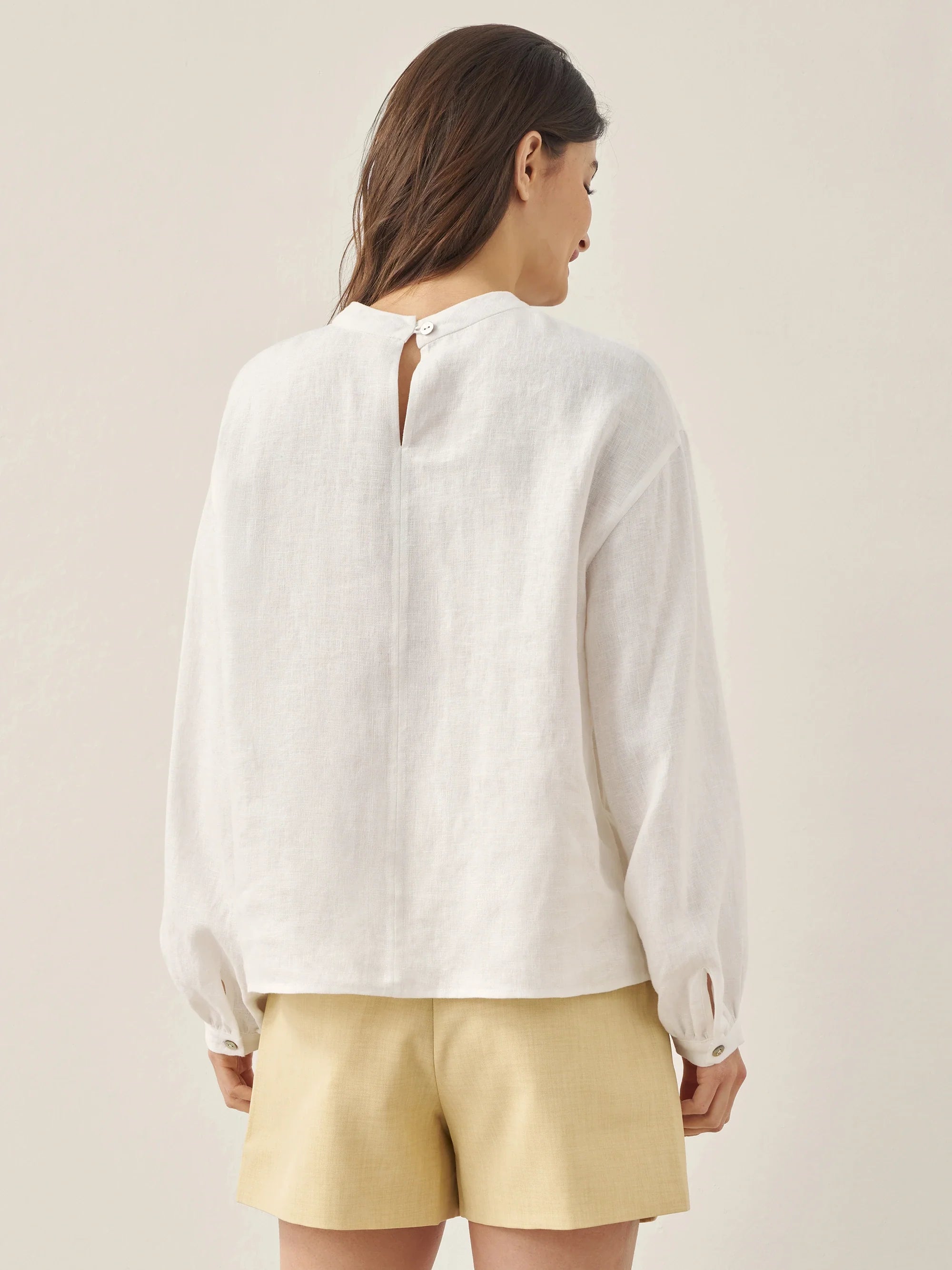 100% Linen Mock Neck Long-Sleeve Top - TOPS-Linen Blouses