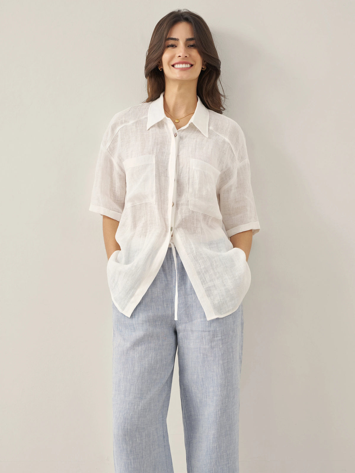 100% Linen Pocket Detail Button-Front Shirt CLARA by LINTICO for women
