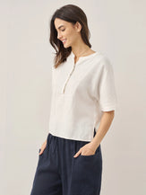 100% Linen Round Neck Concealed Placket Top - TOPS-Linen Blouses