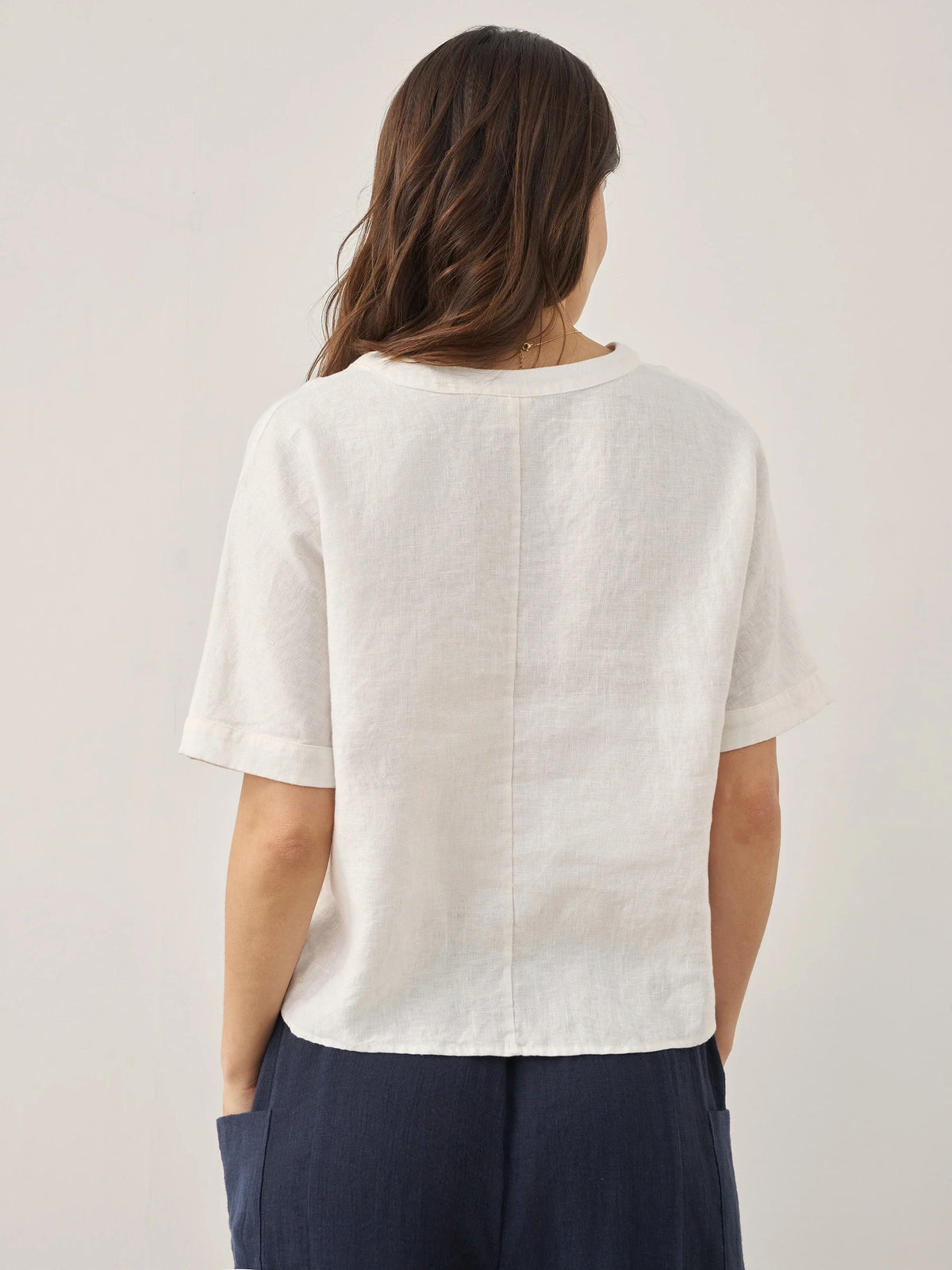100% Linen Round Neck Concealed Placket Top - TOPS-Linen Blouses