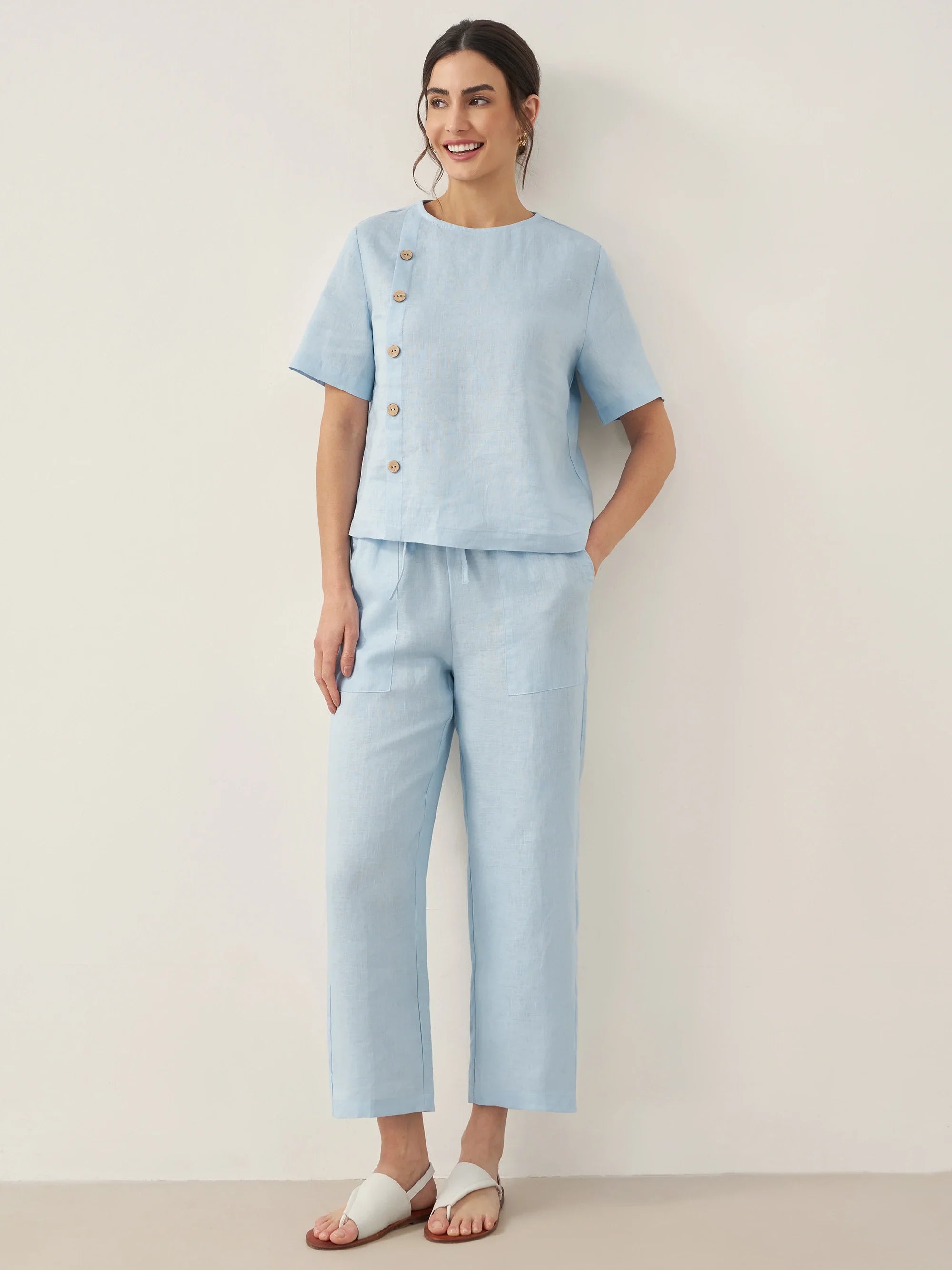 100% Linen Short-Sleeve Round Neck Button Detail Top & Pants Set JOSIE - Baby Blue / Sets / S - SETS-Linen