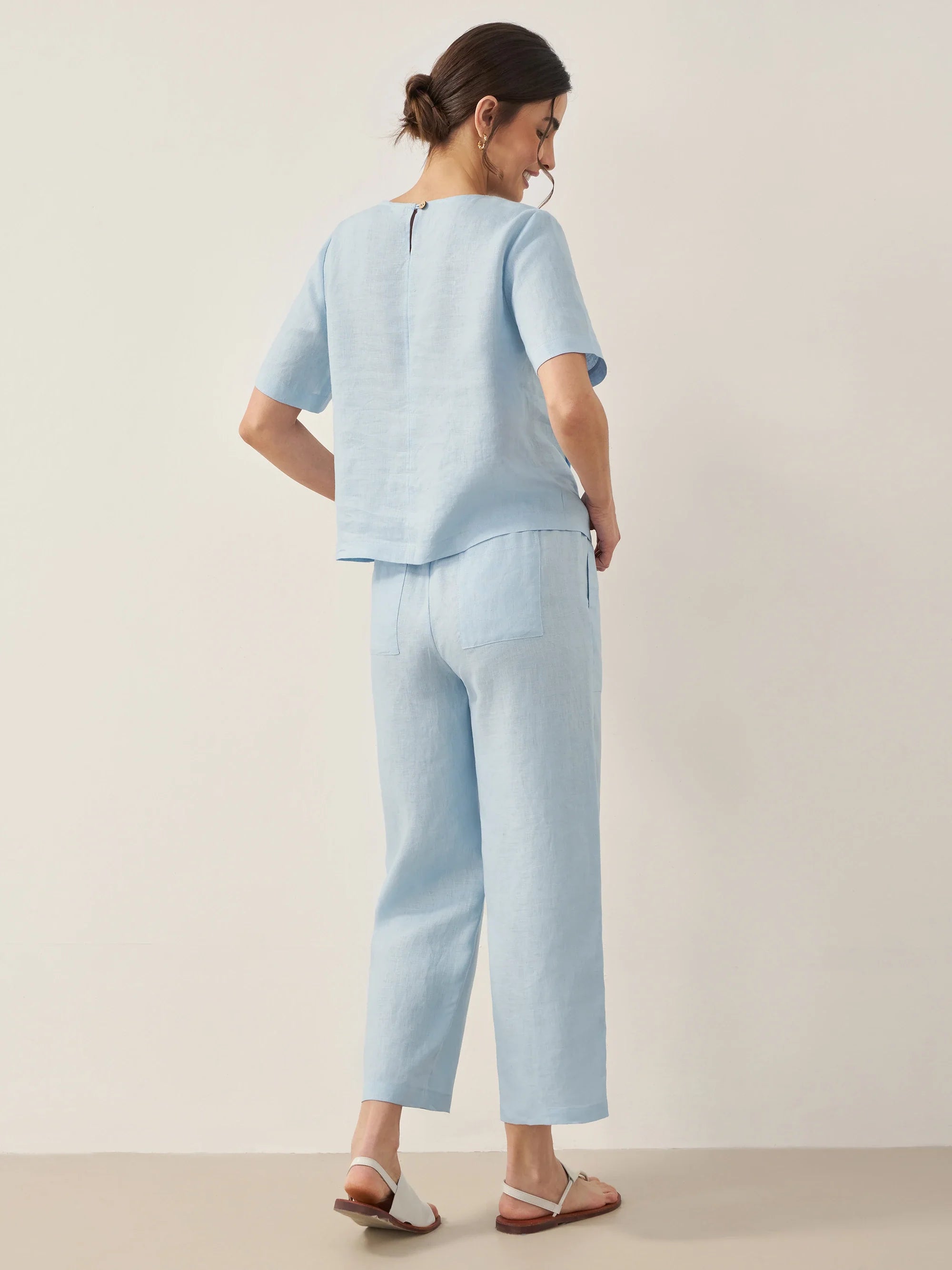 100% Linen Short-Sleeve Round Neck Button Detail Top & Pants Set JOSIE - SETS-Linen Sets